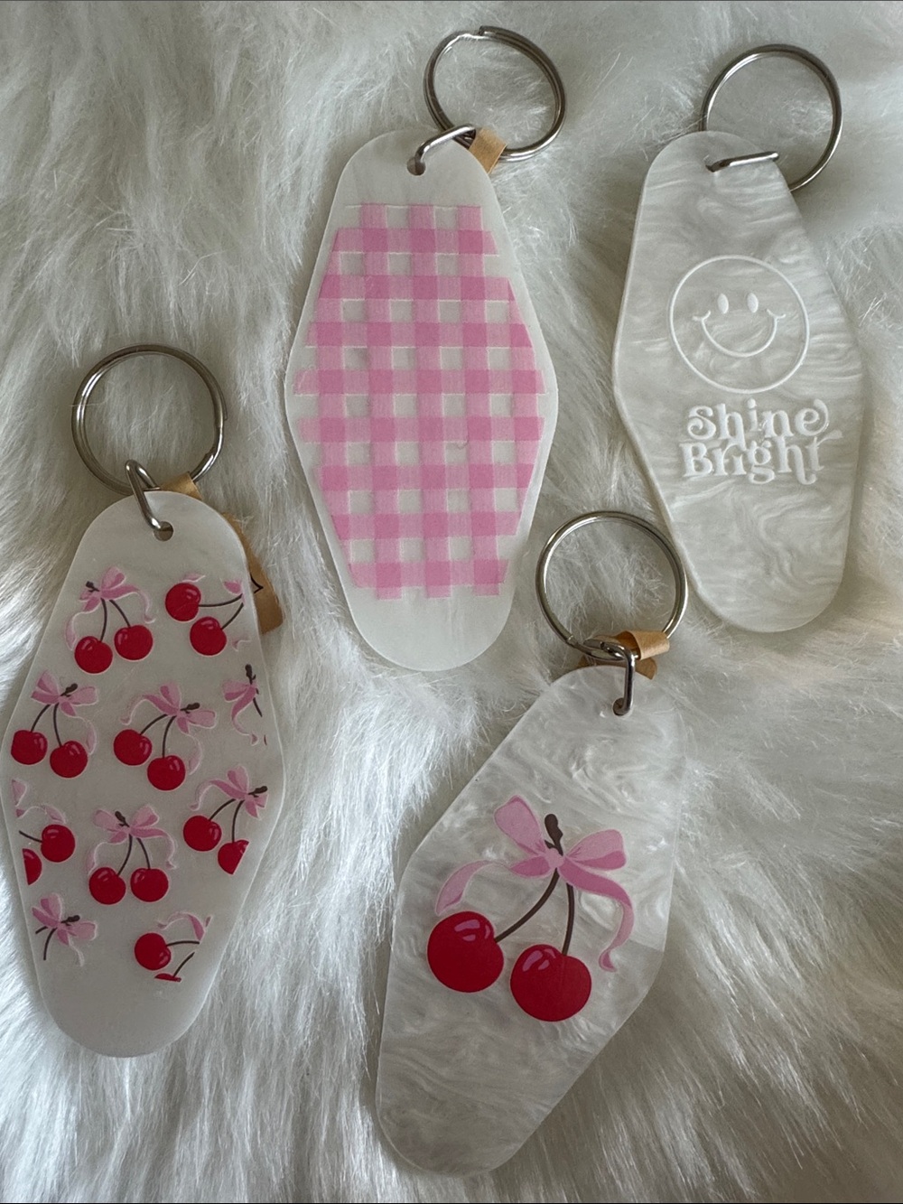 Retro Acrylic Keychain- motel style, pink, cherries, pink gingham, white shine.